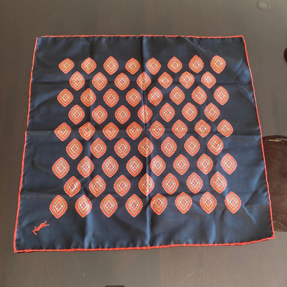 Yves Saint Laurent Black Silk Scarf with Red Geometric Motif
